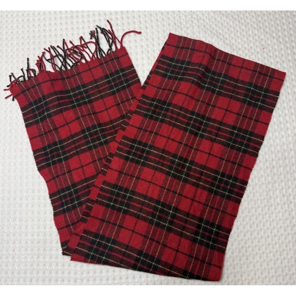 Peck & Peck Red Tartan Plaid 100% Cashmere Fringe Trim Scarf 69" x 10" Preppy